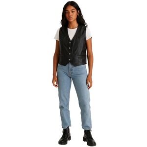 FIRST CLASSICS Black Leather Vest Biker Moto Snap Front Pocketed Size M